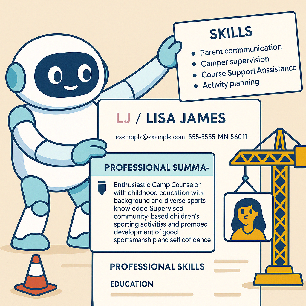 A friendly robot building a resume in a fun cartoon style